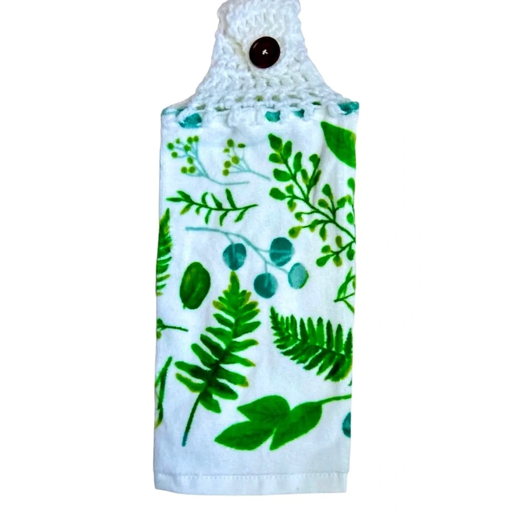 Hand Crafted Colorful Green Ferns Hanging Hand Towels Crochet Top Button Closure